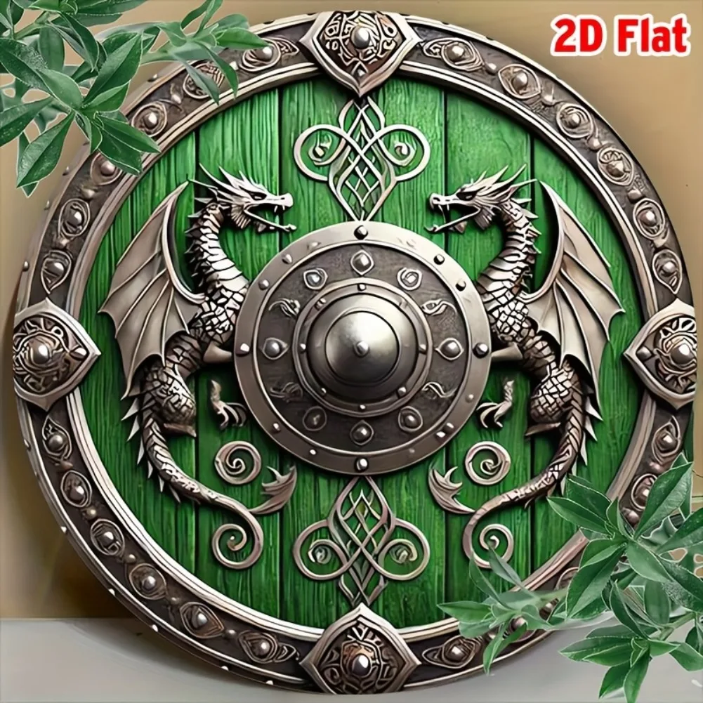 2D Flat, 1pc Viking Shield Metal Wall Art - 8x8 Round Tin Plaque with Dragon & Helmet Design, Vintage Green & Silvery Decor