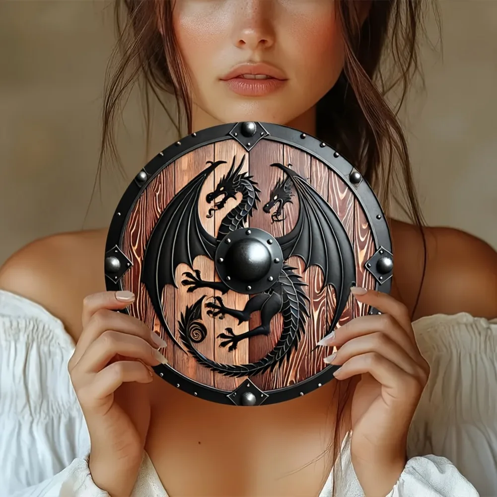 1pc 2D Flat Nordic Viking Mythology Beast Shield, Vintage Classic Round 8 Inch Metal Sign, Sky Guardian Shield for Home