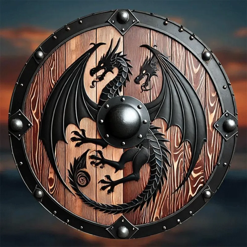 1pc 2D Flat Nordic Viking Mythology Beast Shield, Vintage Classic Round 8 Inch Metal Sign, Sky Guardian Shield for Home