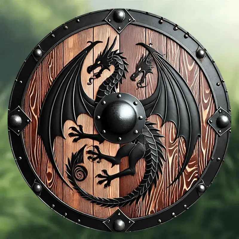1pc 2D Flat Nordic Viking Mythology Beast Shield, Vintage Classic Round 8 Inch Metal Sign, Sky Guardian Shield for Home