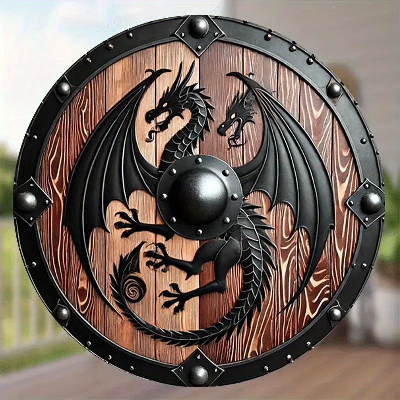 1pc 2D Flat Nordic Viking Mythology Beast Shield, Vintage Classic Round 8 Inch Metal Sign, Sky Guardian Shield for Home