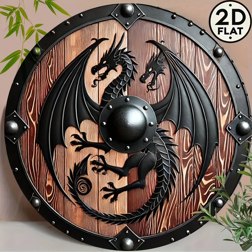 1pc 2D Flat Nordic Viking Mythology Beast Shield, Vintage Classic Round 8 Inch Metal Sign, Sky Guardian Shield for Home