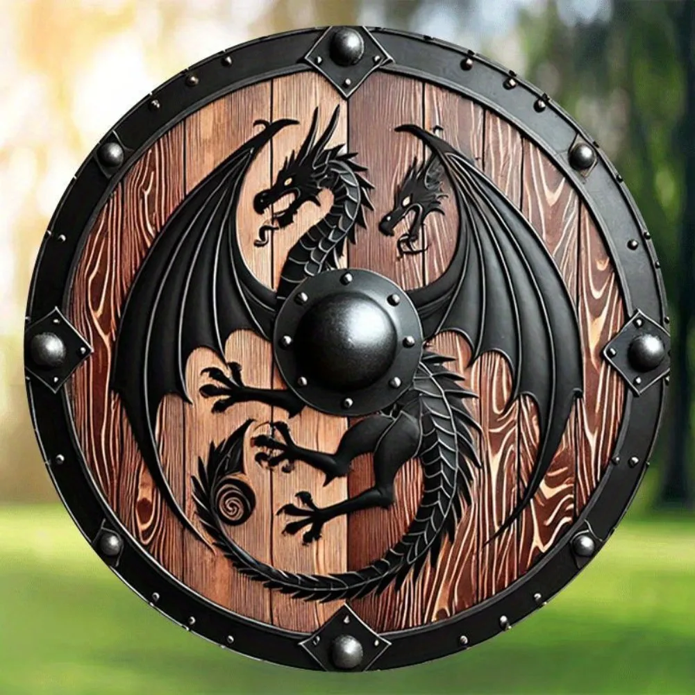 1pc 2D Flat Nordic Viking Mythology Beast Shield, Vintage Classic Round 8 Inch Metal Sign, Sky Guardian Shield for Home