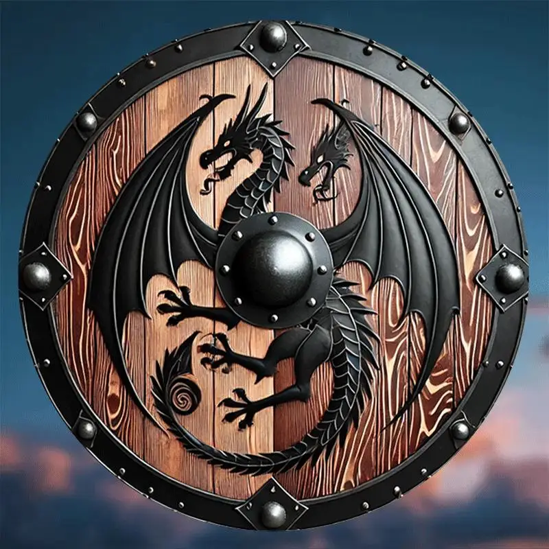 1pc 2D Flat Nordic Viking Mythology Beast Shield, Vintage Classic Round 8 Inch Metal Sign, Sky Guardian Shield for Home
