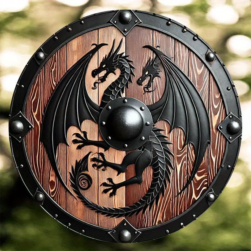 1pc 2D Flat Nordic Viking Mythology Beast Shield, Vintage Classic Round 8 Inch Metal Sign, Sky Guardian Shield for Home
