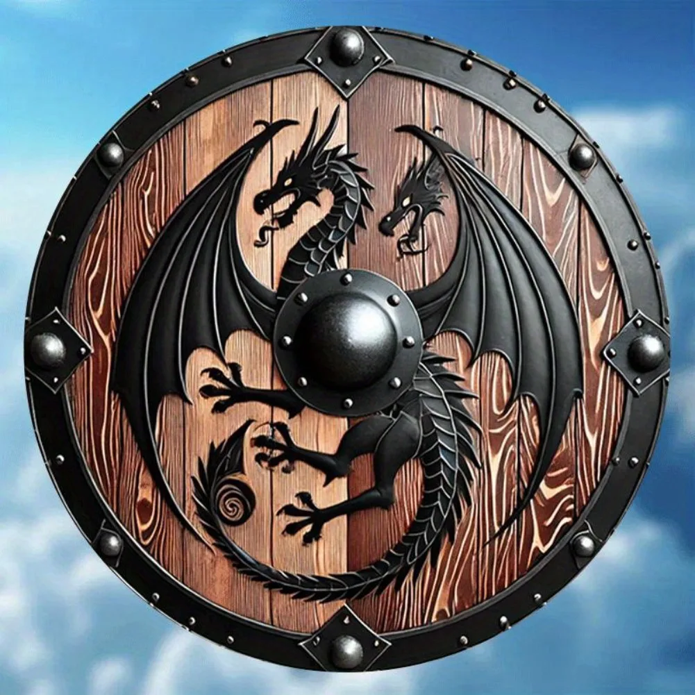 1pc 2D Flat Nordic Viking Mythology Beast Shield, Vintage Classic Round 8 Inch Metal Sign, Sky Guardian Shield for Home