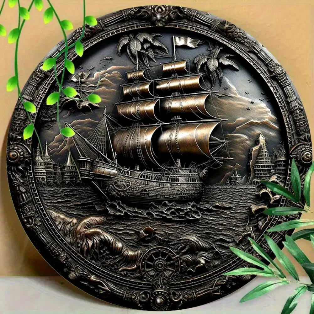 3D Pirate Ship Metal Wall Art: Aluminum Round Relief Sculpture, Nautical-Themed Decor for Home, Office & Coffee Shop