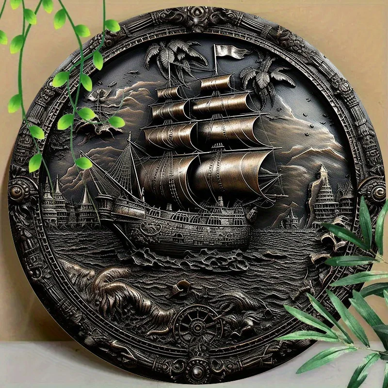 3D Pirate Ship Metal Wall Art: Aluminum Round Relief Sculpture, Nautical-Themed Decor for Home, Office & Coffee Shop