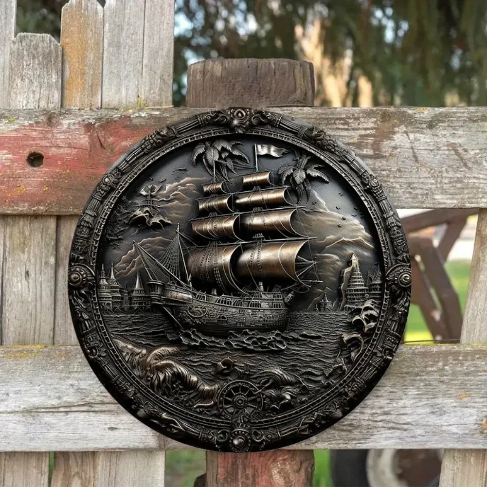 3D Pirate Ship Metal Wall Art: Aluminum Round Relief Sculpture, Nautical-Themed Decor for Home, Office & Coffee Shop