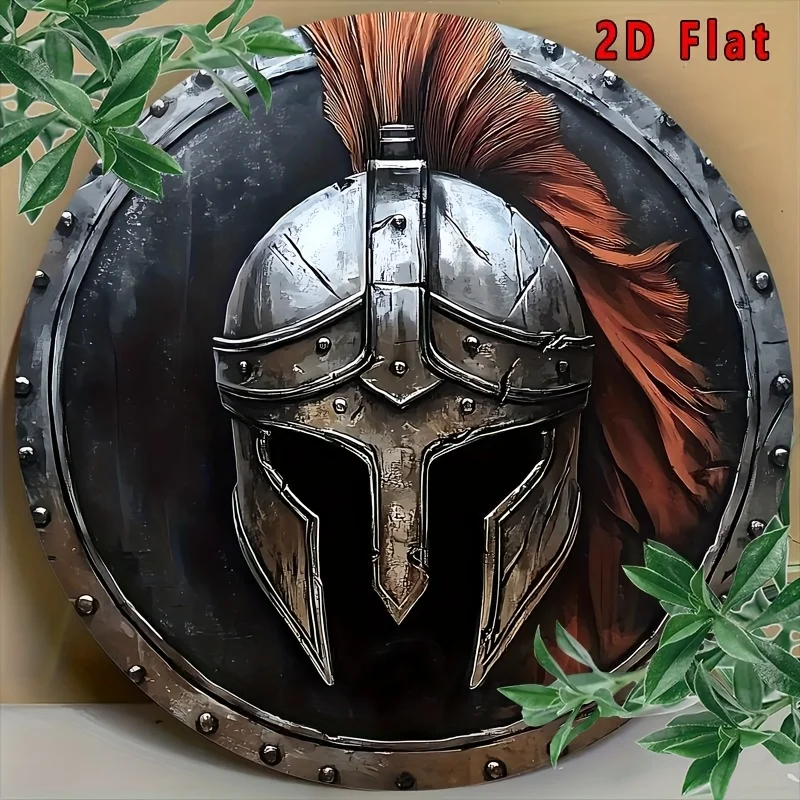 [2D Flat] 1pc Vintage Spartan Helmet Aluminum Wall Art, 8x8 Inch Round 2D Metal Emblem - High Bend Resistance, Ideal for Home &
