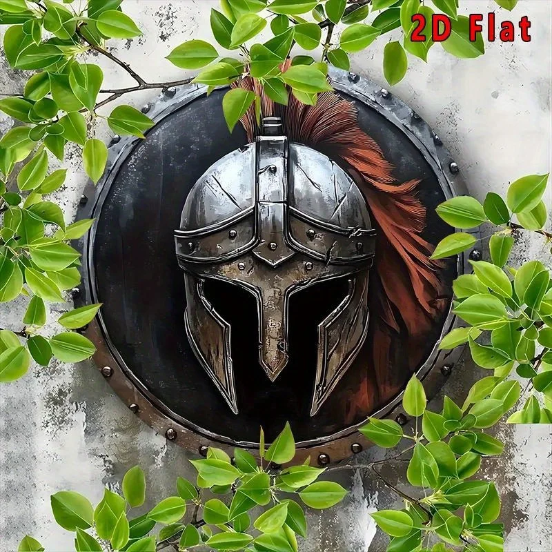 [2D Flat] 1pc Vintage Spartan Helmet Aluminum Wall Art, 8x8 Inch Round 2D Metal Emblem - High Bend Resistance, Ideal for Home &
