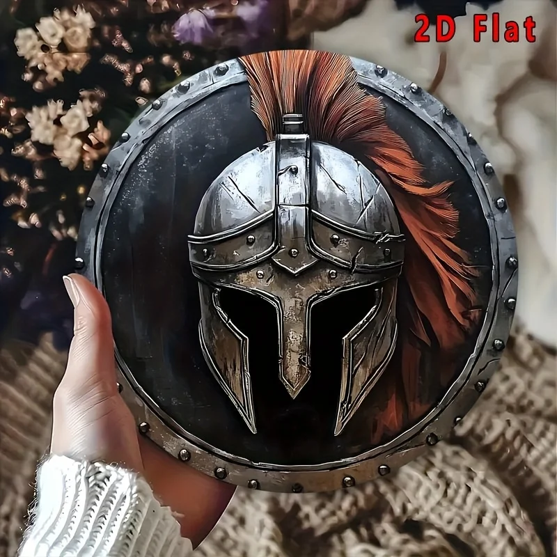 [2D Flat] 1pc Vintage Spartan Helmet Aluminum Wall Art, 8x8 Inch Round 2D Metal Emblem - High Bend Resistance, Ideal for Home &