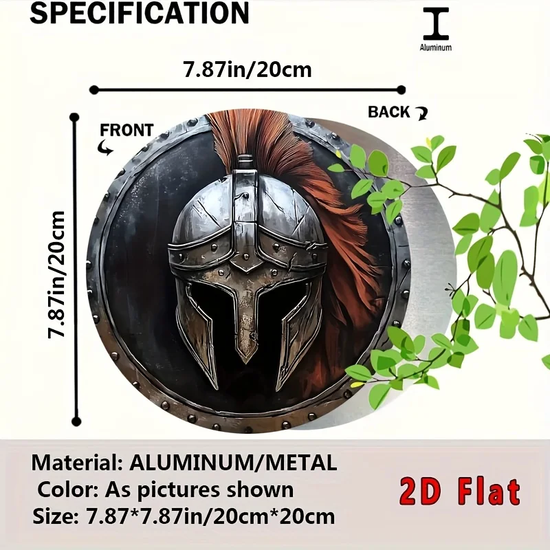 [2D Flat] 1pc Vintage Spartan Helmet Aluminum Wall Art, 8x8 Inch Round 2D Metal Emblem - High Bend Resistance, Ideal for Home &