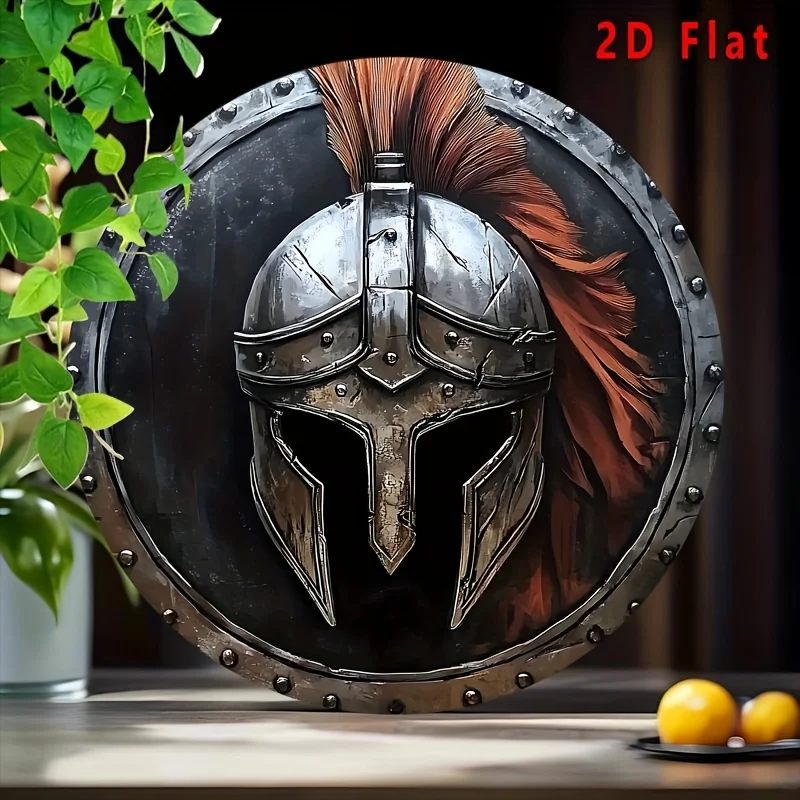 [2D Flat] 1pc Vintage Spartan Helmet Aluminum Wall Art, 8x8 Inch Round 2D Metal Emblem - High Bend Resistance, Ideal for Home &