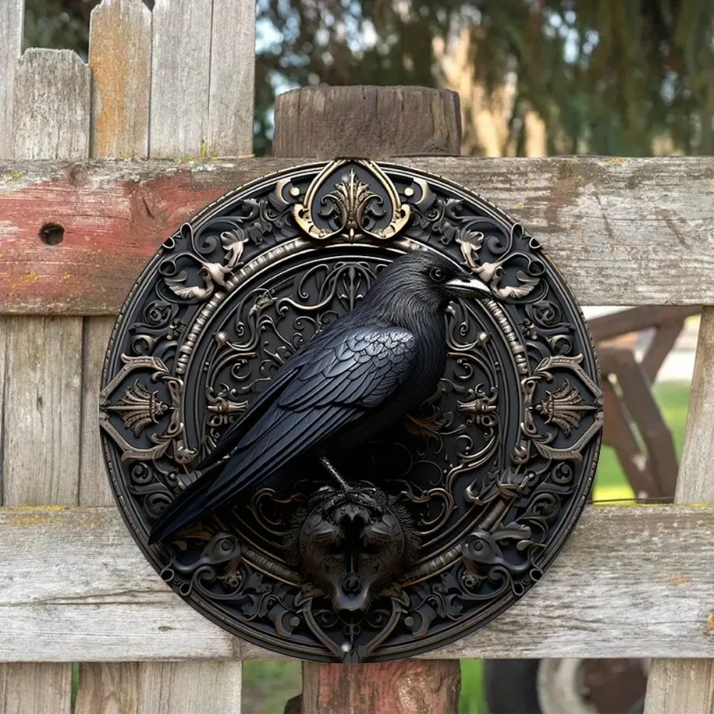 Gothic Crow Aluminum Wall Art, 8in &11.8in 1pc Round, UV & Scratch Resistant Metal Sign for Home, Office, Coffee Shop Decor