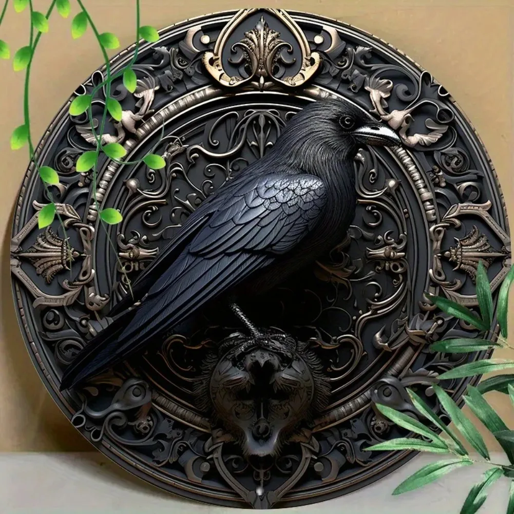 Gothic Crow Aluminum Wall Art, 8in &11.8in 1pc Round, UV & Scratch Resistant Metal Sign for Home, Office, Coffee Shop Decor