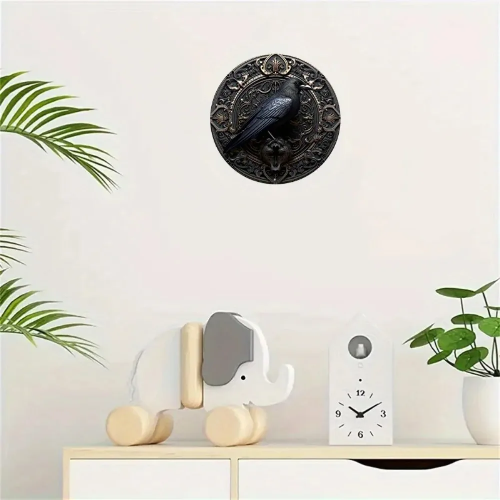 Gothic Crow Aluminum Wall Art, 8in &11.8in 1pc Round, UV & Scratch Resistant Metal Sign for Home, Office, Coffee Shop Decor