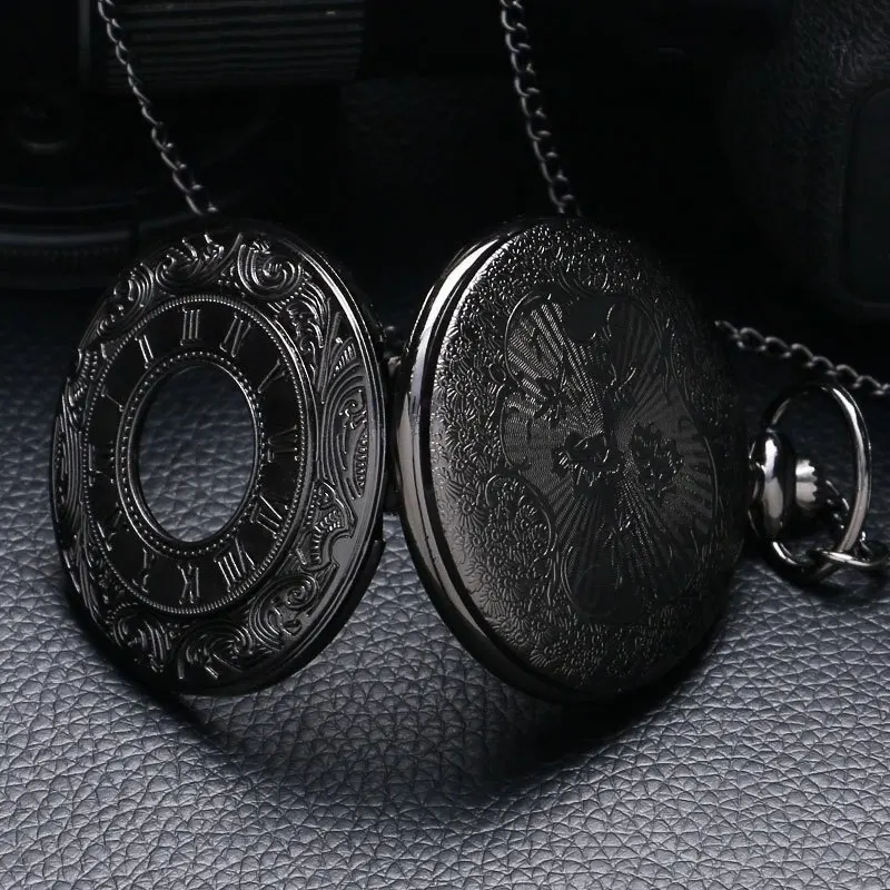 Vintage Charm Black Unisex Fashion Roman Number Quartz Steampunk Pocket Watch Women Man Necklace Pendant with Chain Gifts P427