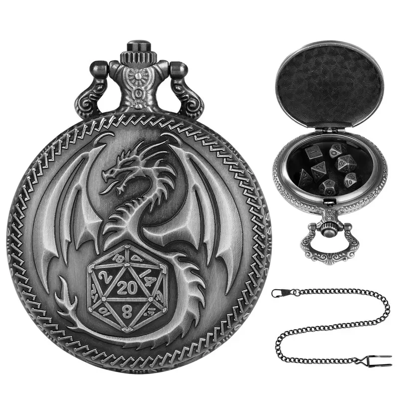 Polyhedral Dice Vintage Dragon Pocket Watch Case Combines Dice Pendant Chain For Entertaining Role-Playing Games