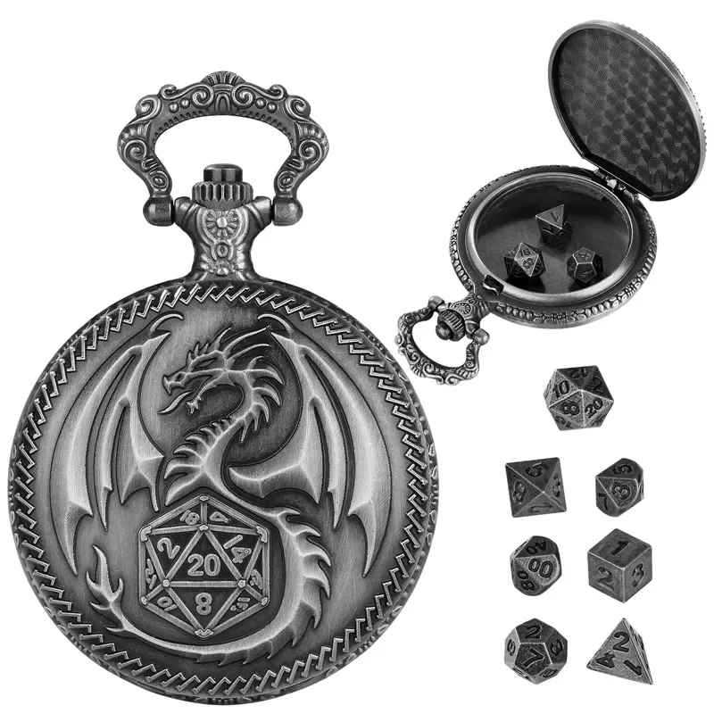 Polyhedral Dice Vintage Dragon Pocket Watch Case Combines Dice Pendant Chain For Entertaining Role-Playing Games