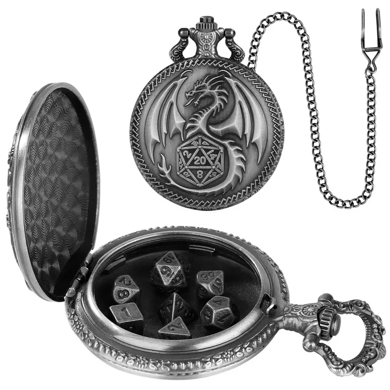 Polyhedral Dice Vintage Dragon Pocket Watch Case Combines Dice Pendant Chain For Entertaining Role-Playing Games