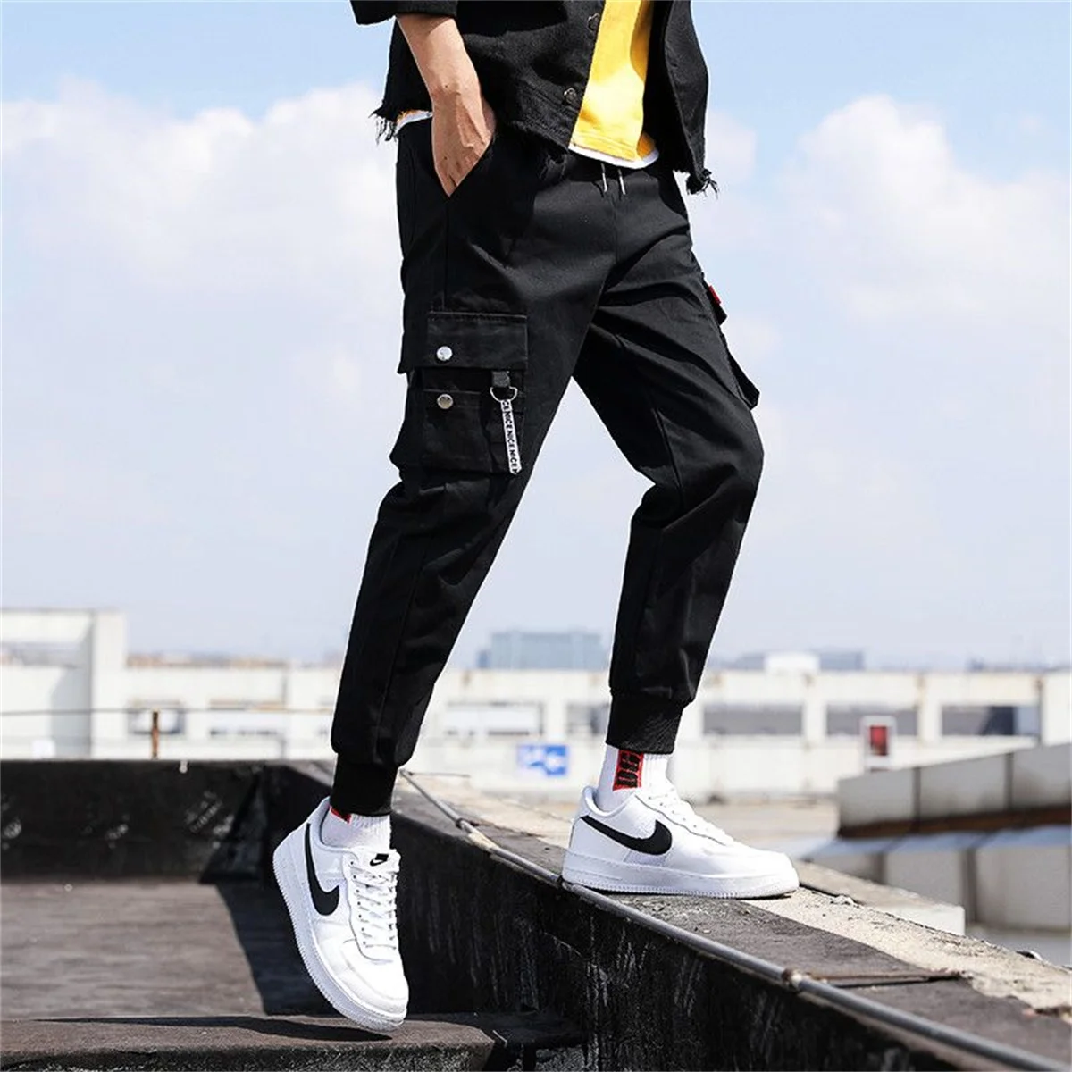 Y2k Classic Design Multi Flap Pockets Cargo Pants,Men's Loose Fit Drawstring Harem Cargo Jogger Pants Oversized Pants Men Women