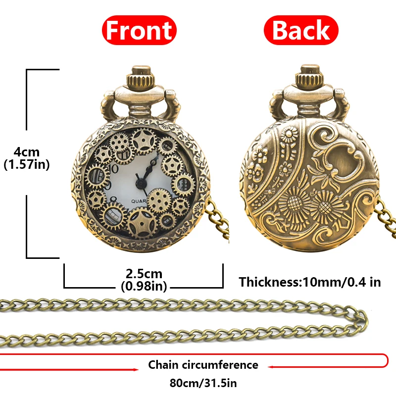 Small Vintage Bronze Steampunk Gear Carved Trumpet Quartz Pocket Watch Necklace Pendant Clock Chain Men Women Chain Gift