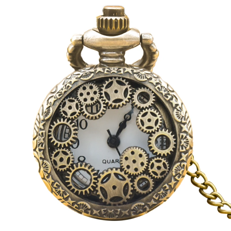 Small Vintage Bronze Steampunk Gear Carved Trumpet Quartz Pocket Watch Necklace Pendant Clock Chain Men Women Chain Gift