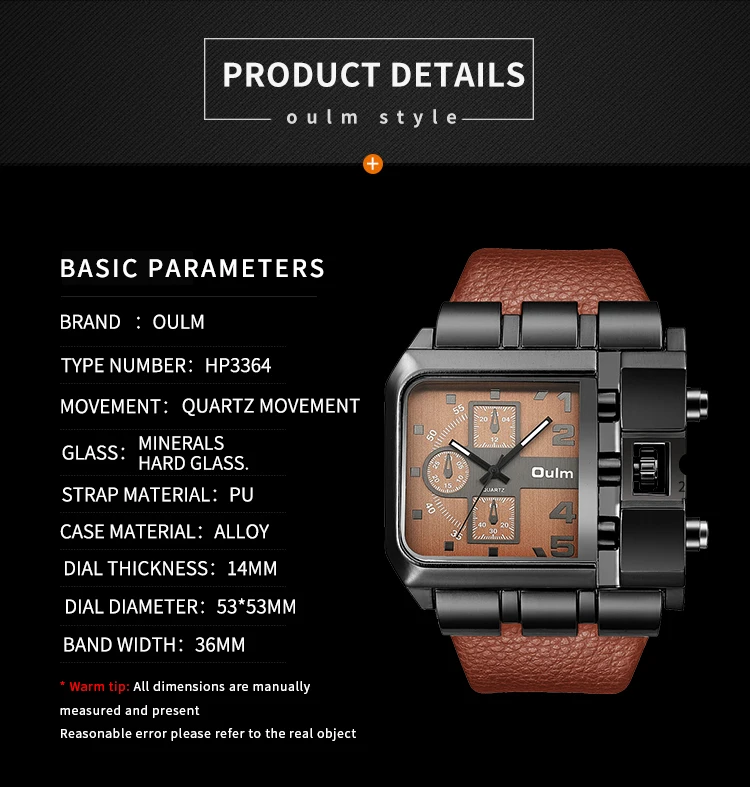 Oulm Casual Wristwatch Square Dial Wide Strap Men's Quartz Watch Luxury Brand Male Clock Super Big Men Watches Relogio Masculino
