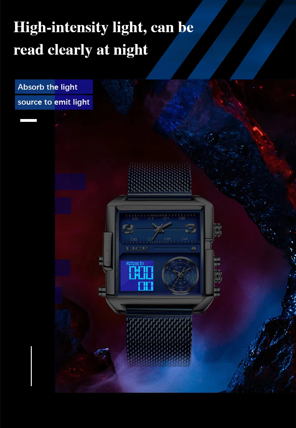 LIGE Men Digital Watch Military Sports Double Display Big Watches Fashion Waterproof Electronic Wristwatch Men Relogio Masculino