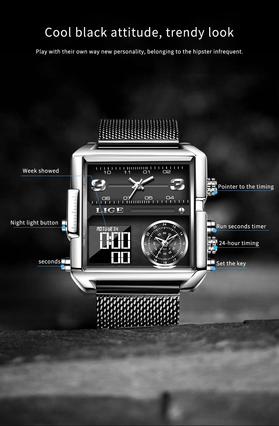 LIGE Men Digital Watch Military Sports Double Display Big Watches Fashion Waterproof Electronic Wristwatch Men Relogio Masculino