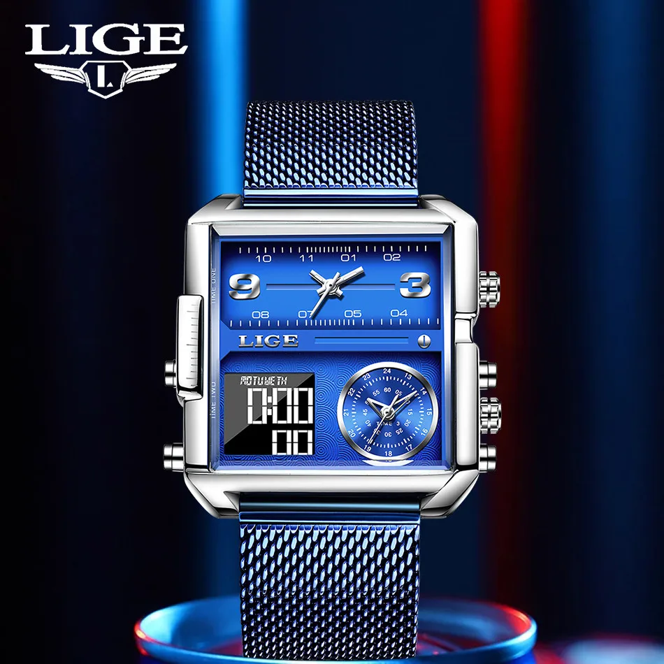 LIGE Men Digital Watch Military Sports Double Display Big Watches Fashion Waterproof Electronic Wristwatch Men Relogio Masculino