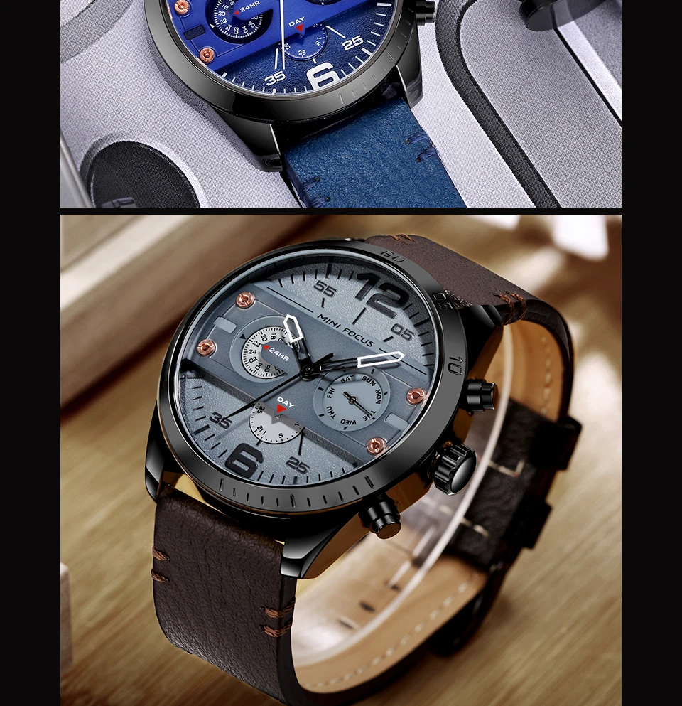 MINI FOCUS Men's Army Sports Quartz Watches Leather Strap Calendar Week Date Waterproof Wristwatch Man Clock Relogios 0068 Brown