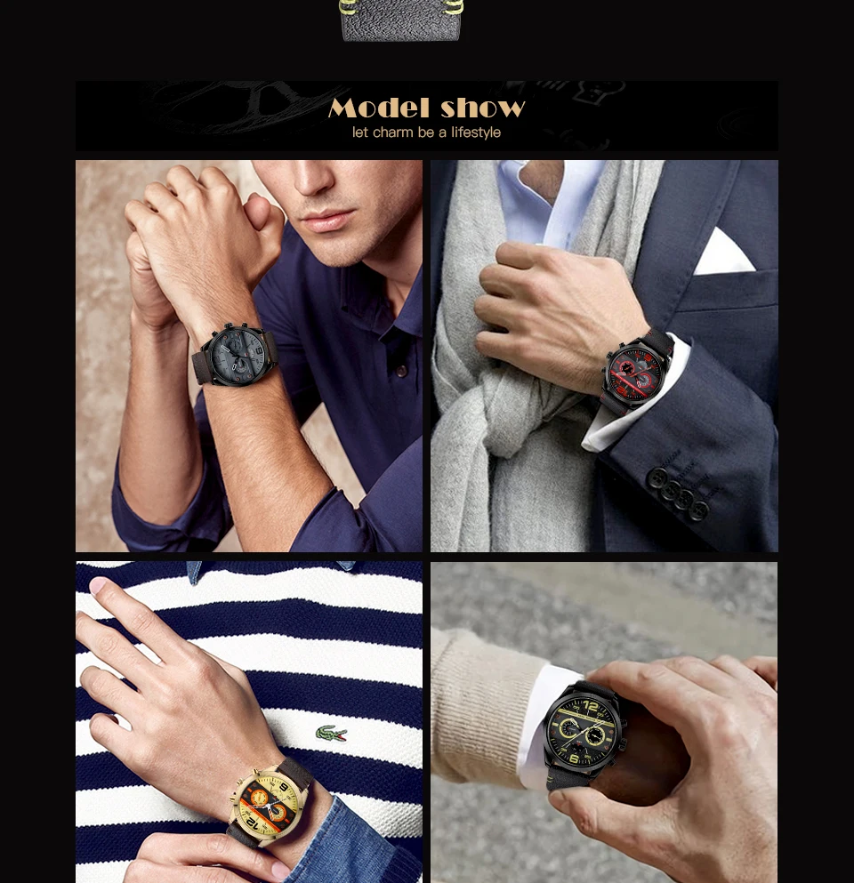 MINI FOCUS Men's Army Sports Quartz Watches Leather Strap Calendar Week Date Waterproof Wristwatch Man Clock Relogios 0068 Brown