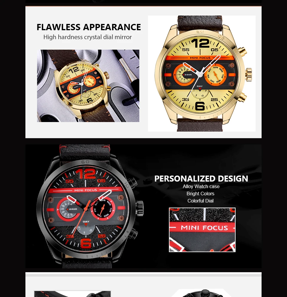 MINI FOCUS Men's Army Sports Quartz Watches Leather Strap Calendar Week Date Waterproof Wristwatch Man Clock Relogios 0068 Brown