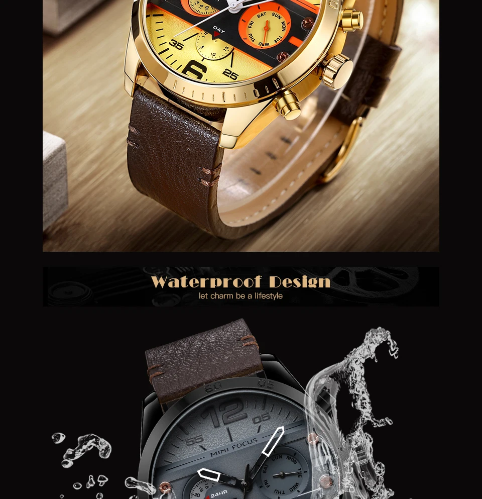 MINI FOCUS Men's Army Sports Quartz Watches Leather Strap Calendar Week Date Waterproof Wristwatch Man Clock Relogios 0068 Brown