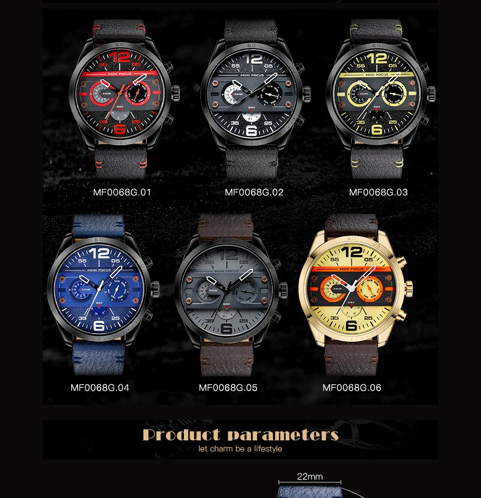 MINI FOCUS Men's Army Sports Quartz Watches Leather Strap Calendar Week Date Waterproof Wristwatch Man Clock Relogios 0068 Brown