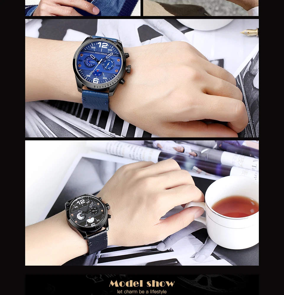 MINI FOCUS Men's Army Sports Quartz Watches Leather Strap Calendar Week Date Waterproof Wristwatch Man Clock Relogios 0068 Brown