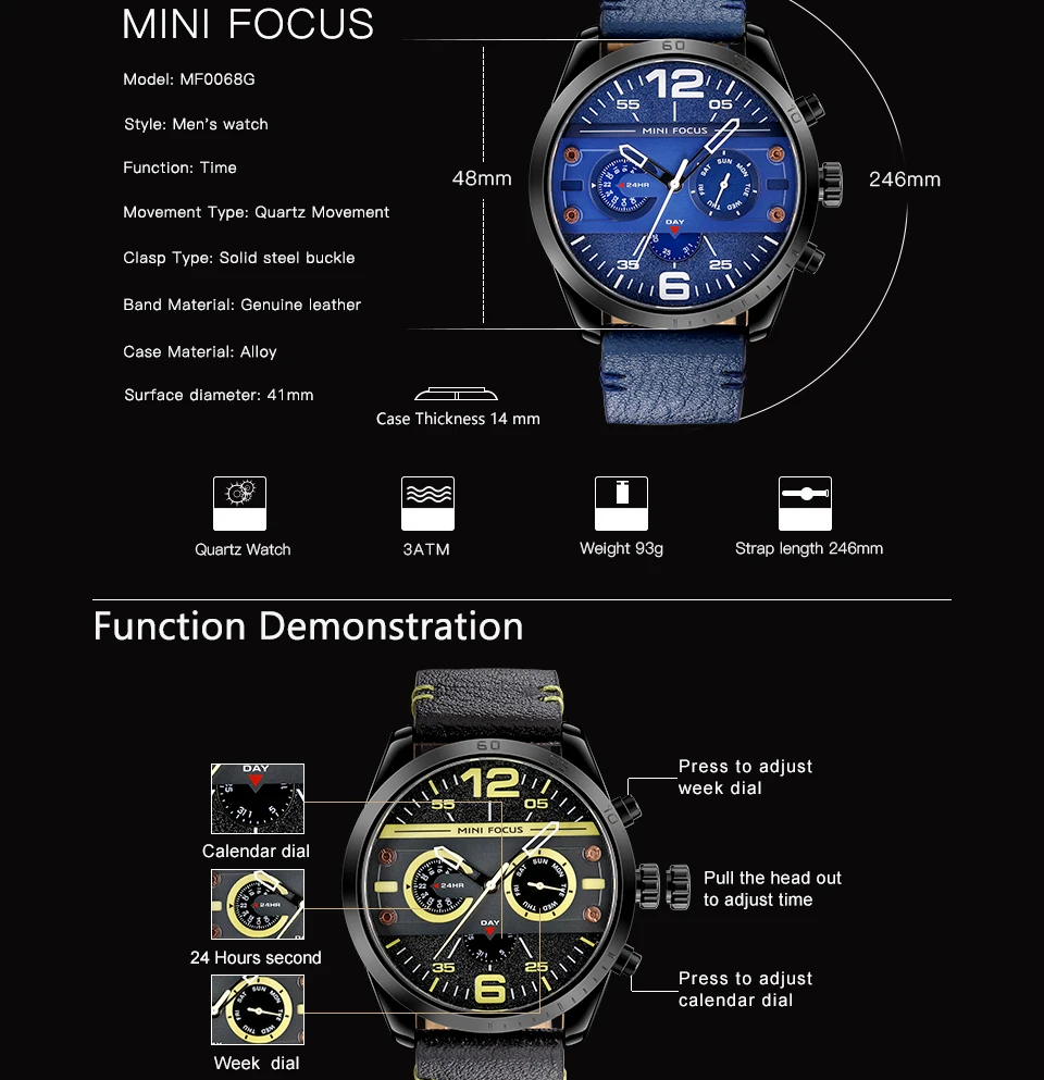 MINI FOCUS Men's Army Sports Quartz Watches Leather Strap Calendar Week Date Waterproof Wristwatch Man Clock Relogios 0068 Brown