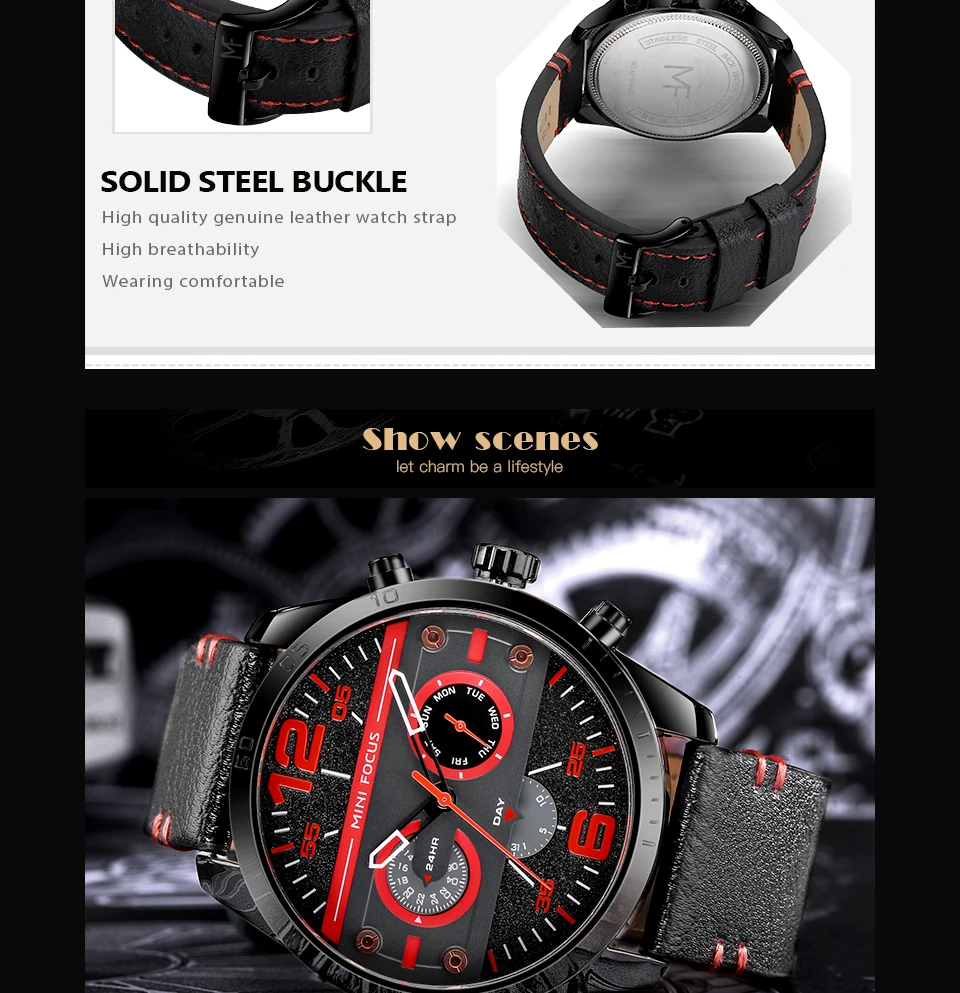 MINI FOCUS Men's Army Sports Quartz Watches Leather Strap Calendar Week Date Waterproof Wristwatch Man Clock Relogios 0068 Brown