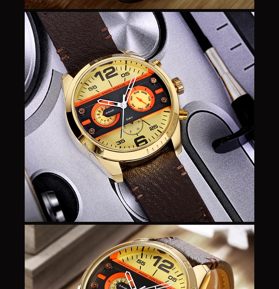 MINI FOCUS Men's Army Sports Quartz Watches Leather Strap Calendar Week Date Waterproof Wristwatch Man Clock Relogios 0068 Brown