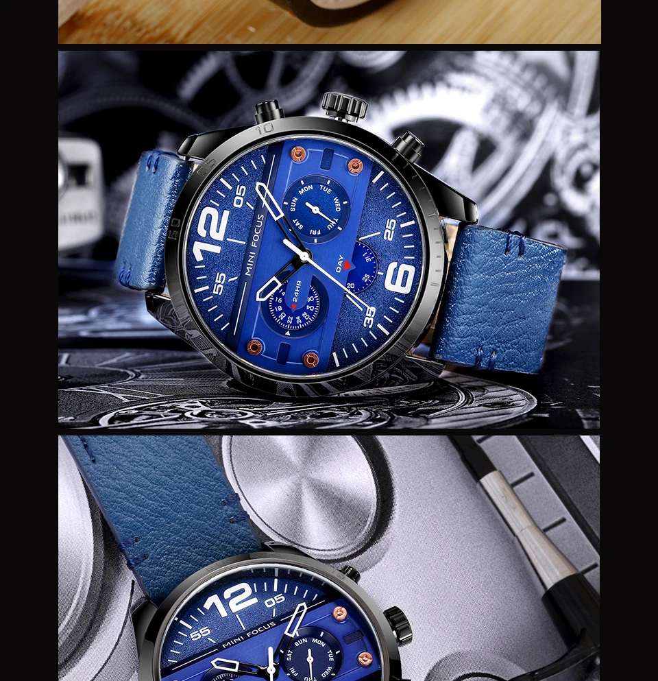 MINI FOCUS Men's Army Sports Quartz Watches Leather Strap Calendar Week Date Waterproof Wristwatch Man Clock Relogios 0068 Brown