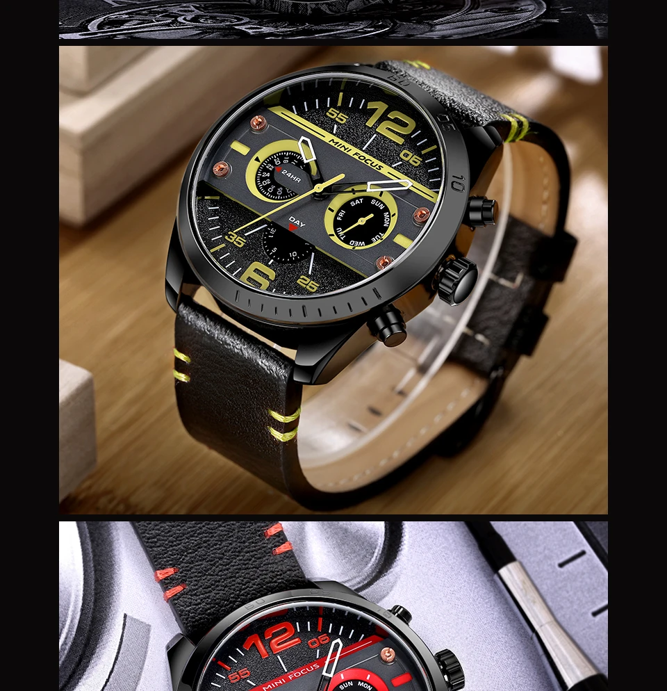 MINI FOCUS Men's Army Sports Quartz Watches Leather Strap Calendar Week Date Waterproof Wristwatch Man Clock Relogios 0068 Brown