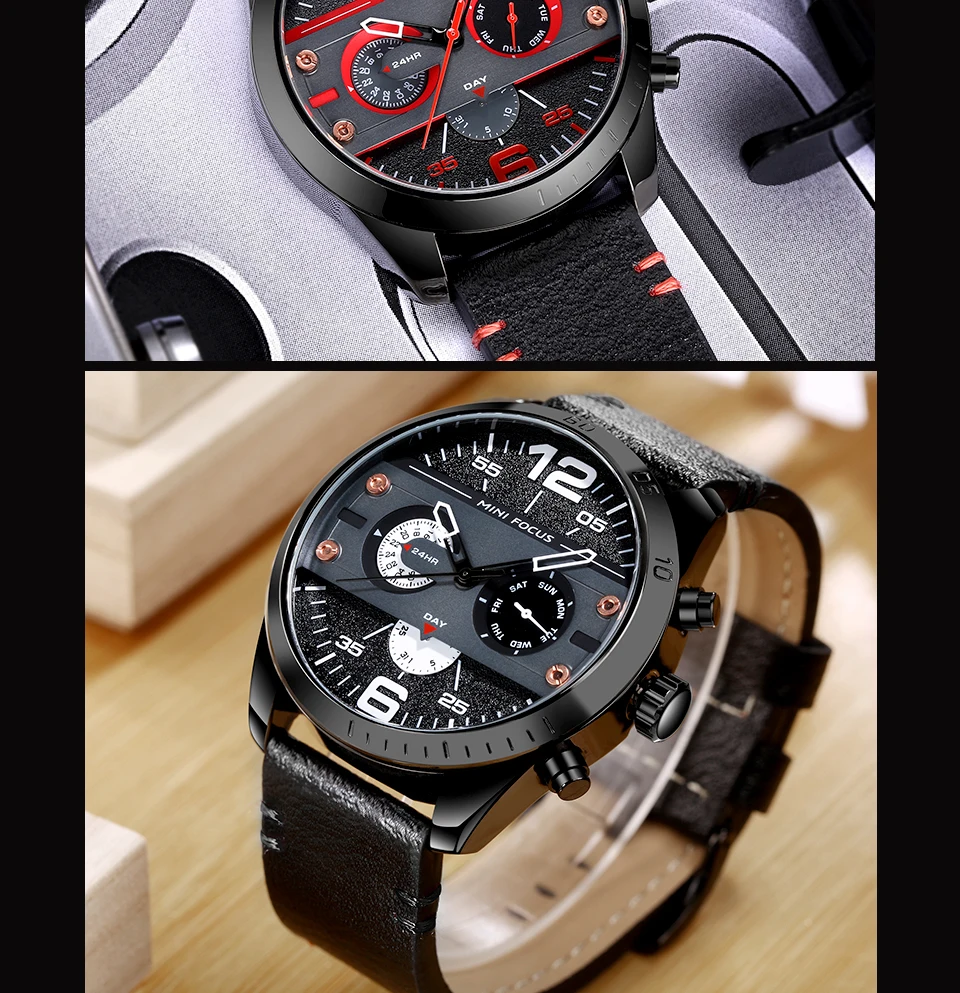 MINI FOCUS Men's Army Sports Quartz Watches Leather Strap Calendar Week Date Waterproof Wristwatch Man Clock Relogios 0068 Brown