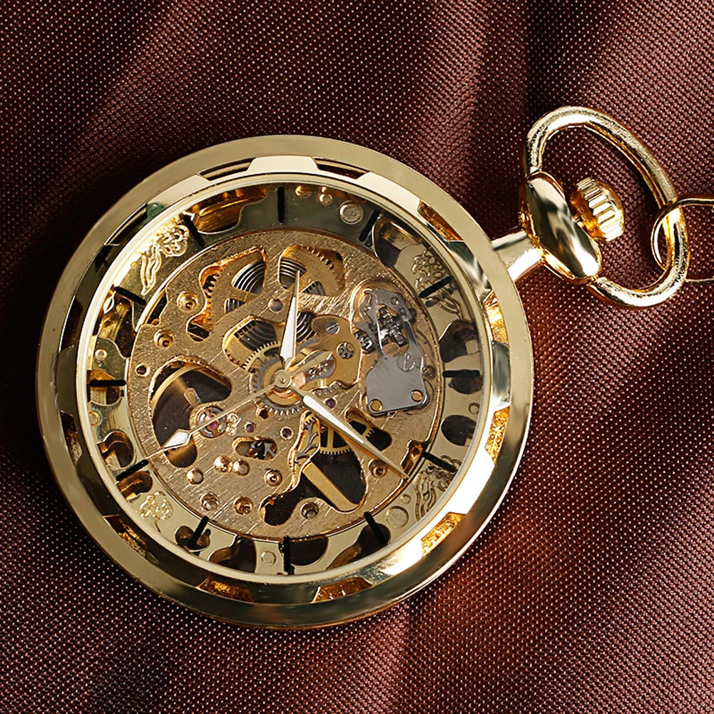 Transparent Open Face Hollow Skeleton Mechanical Pocket Watch Hand Winding Vintage Clock Birthday Gift with Pocket Chain reloj