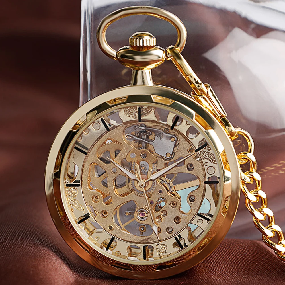 Transparent Open Face Hollow Skeleton Mechanical Pocket Watch Hand Winding Vintage Clock Birthday Gift with Pocket Chain reloj