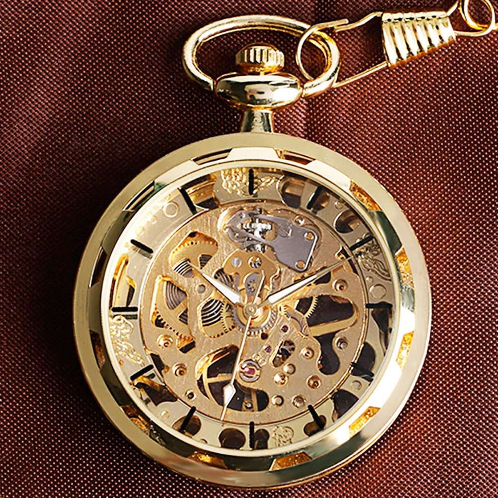 Transparent Open Face Hollow Skeleton Mechanical Pocket Watch Hand Winding Vintage Clock Birthday Gift with Pocket Chain reloj