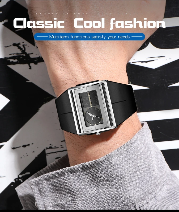 Men Digital Sport Watches Dual Time Black Military Quartz Wristwatch Rectangle Dial Outdoor Waterproof Tactial Man Watch Clocks