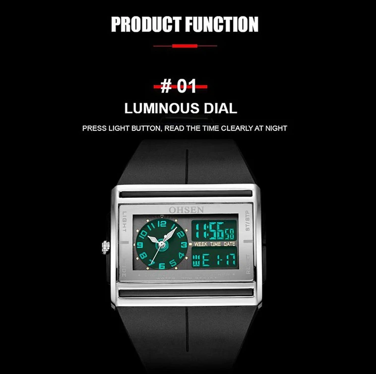 Men Digital Sport Watches Dual Time Black Military Quartz Wristwatch Rectangle Dial Outdoor Waterproof Tactial Man Watch Clocks