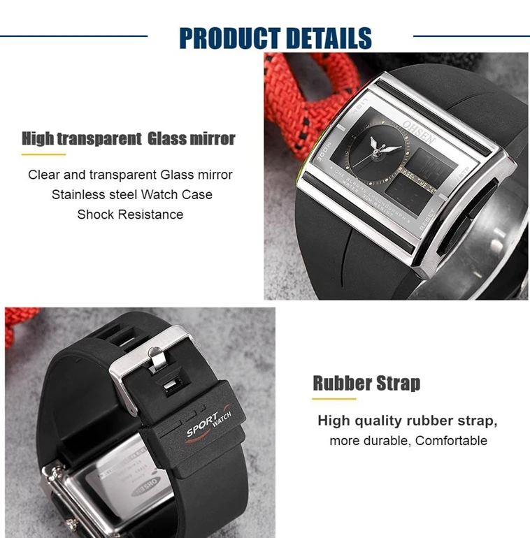 Men Digital Sport Watches Dual Time Black Military Quartz Wristwatch Rectangle Dial Outdoor Waterproof Tactial Man Watch Clocks